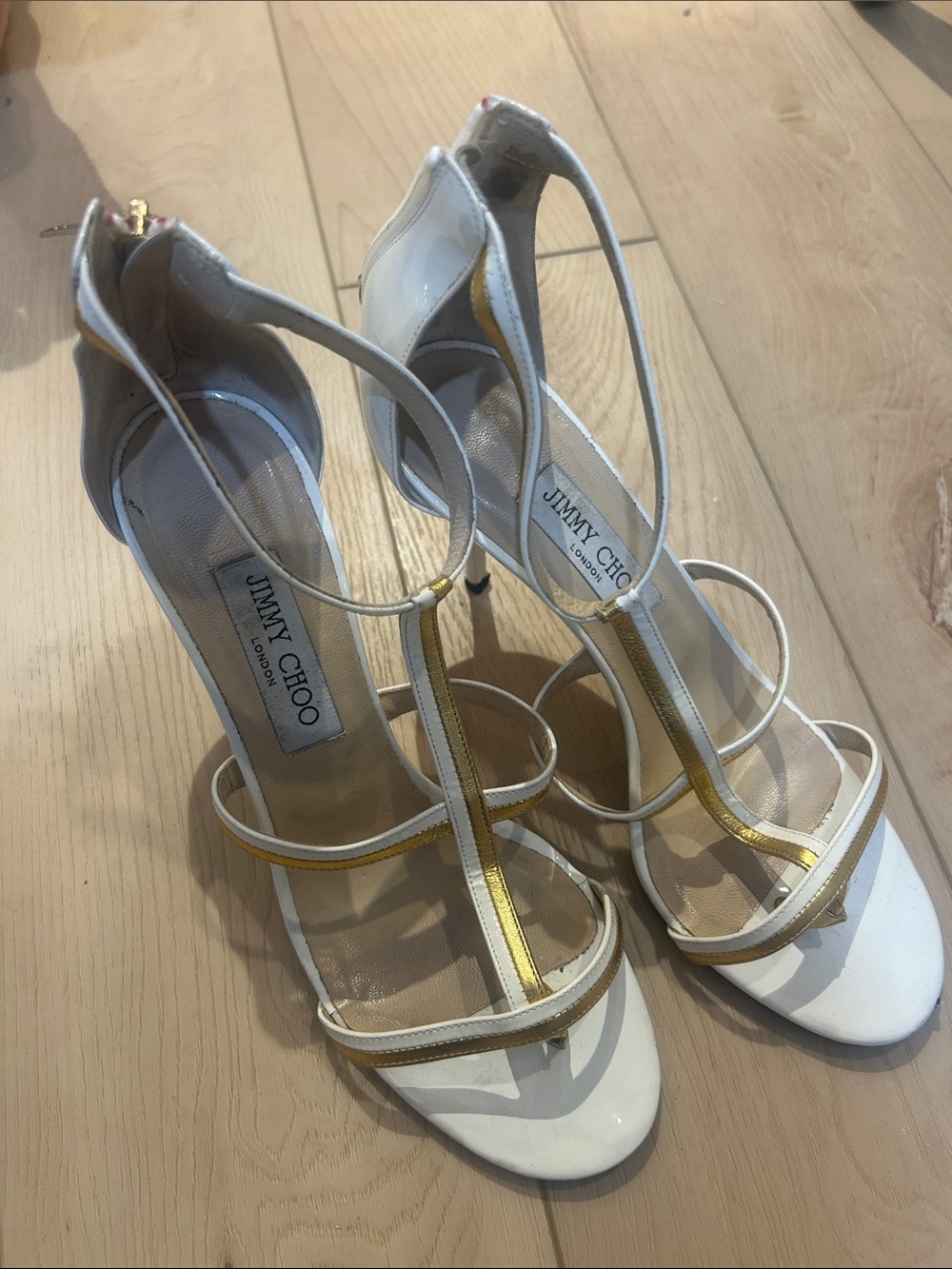 Jimmy Choo White and Gold T-Strap High Heel Sandals
